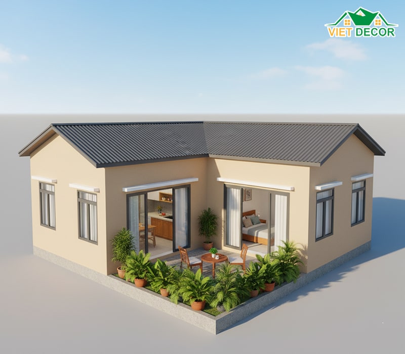 Mẫu nhà cấp 4 hình chữ L 3 phòng ngủ