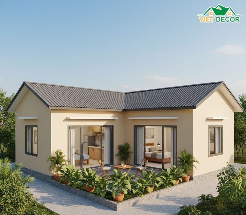 Mẫu nhà cấp 4 hình chữ L 3 phòng ngủ