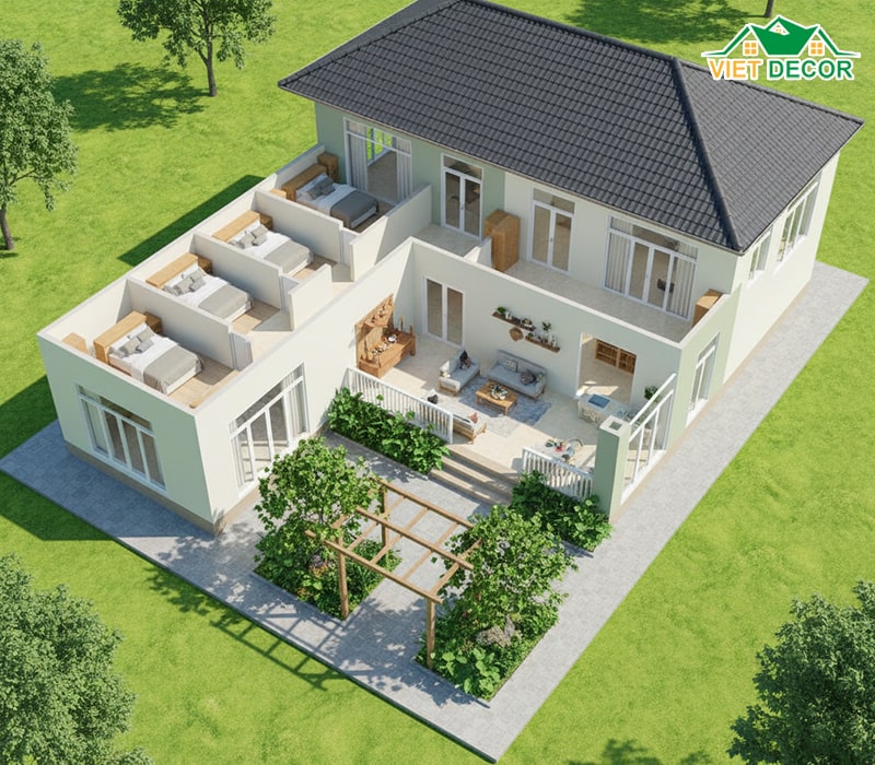 Mặt bằng nhà cấp 4 chữ L 4 phòng ngủ
