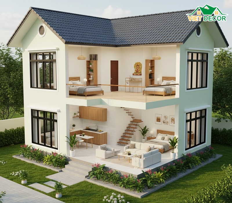 Mặt bằng nhà cấp 4 4 phòng ngủ có gác lửng