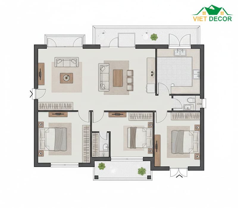Cách phân chia diện tích: Phòng khách – Phòng bếp – 3 phòng ngủ