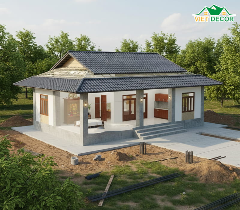Dự toán chi phí xây dựng nhà cấp 4 mái nhật 3 phòng ngủ 1 phòng thờ năm 2026
