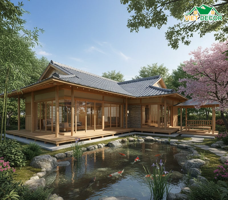 Nhà vườn cấp 4 mái Nhật không gian mở