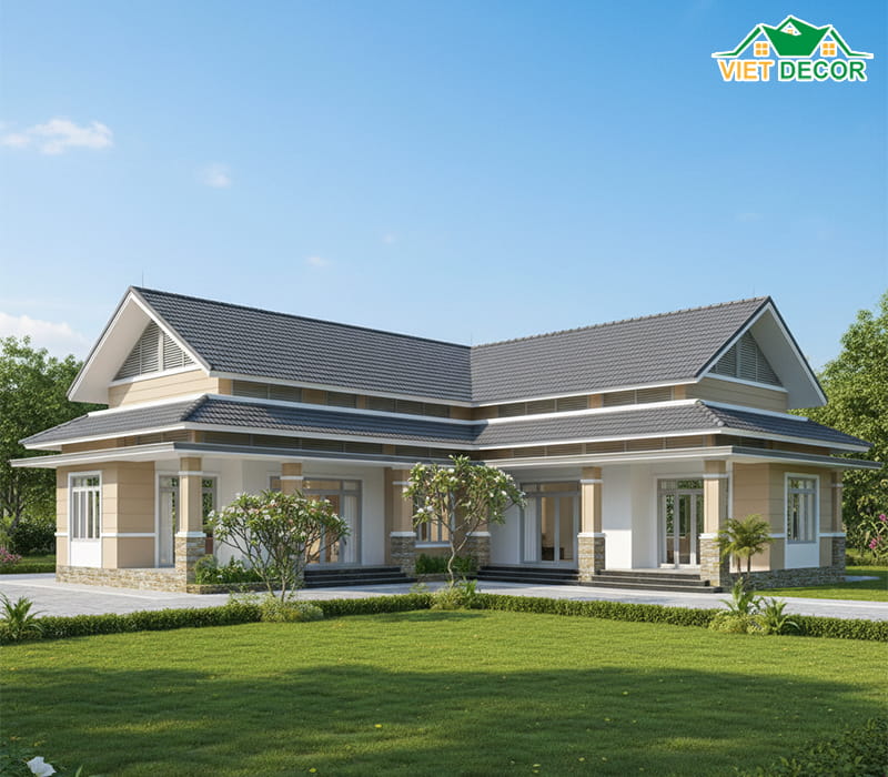 Mẫu nhà cấp 4 mái thái chữ L tối ưu diện tích sân vườn