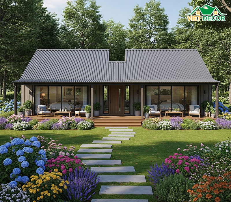 Mẫu nhà cấp 4 mái tôn kết hợp sân vườn