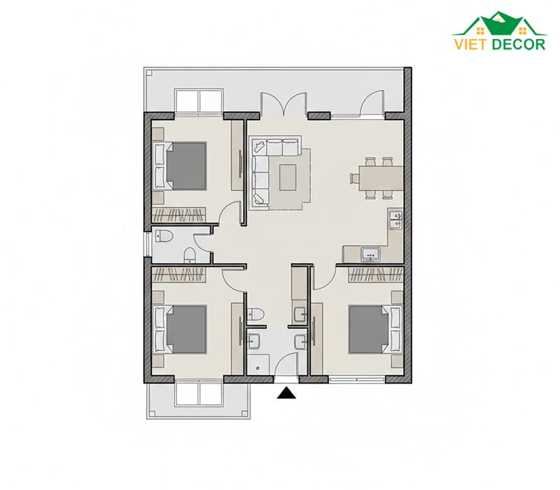 Mặt bằng nhà cấp 4 diện tích 80m2 (3 phòng ngủ nhỏ gọn)
