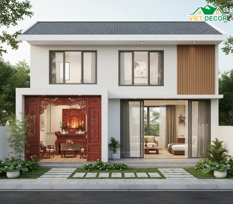 Thiết kế nhà ống 1 tầng 3 phòng ngủ có phòng thờ