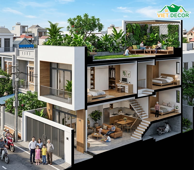 Thiết kế nhà ống gác lửng diện tích 5x15m đầy đủ tiện nghi