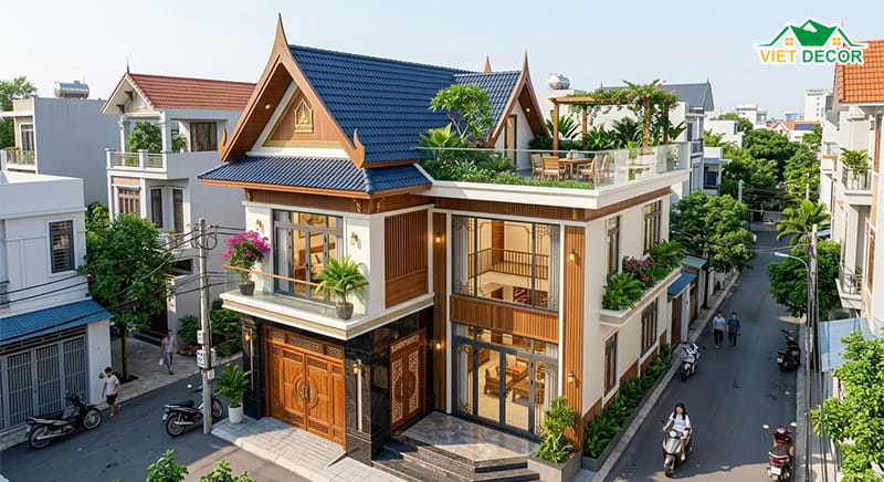 Mẫu nhà gác lửng mái Thái có sân thượng sang trọng