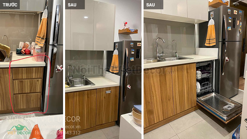 Nội thất Việt Decor tủ bếp cần sửa kết cấu một khoang tủ để lắp đặt máy rửa chén