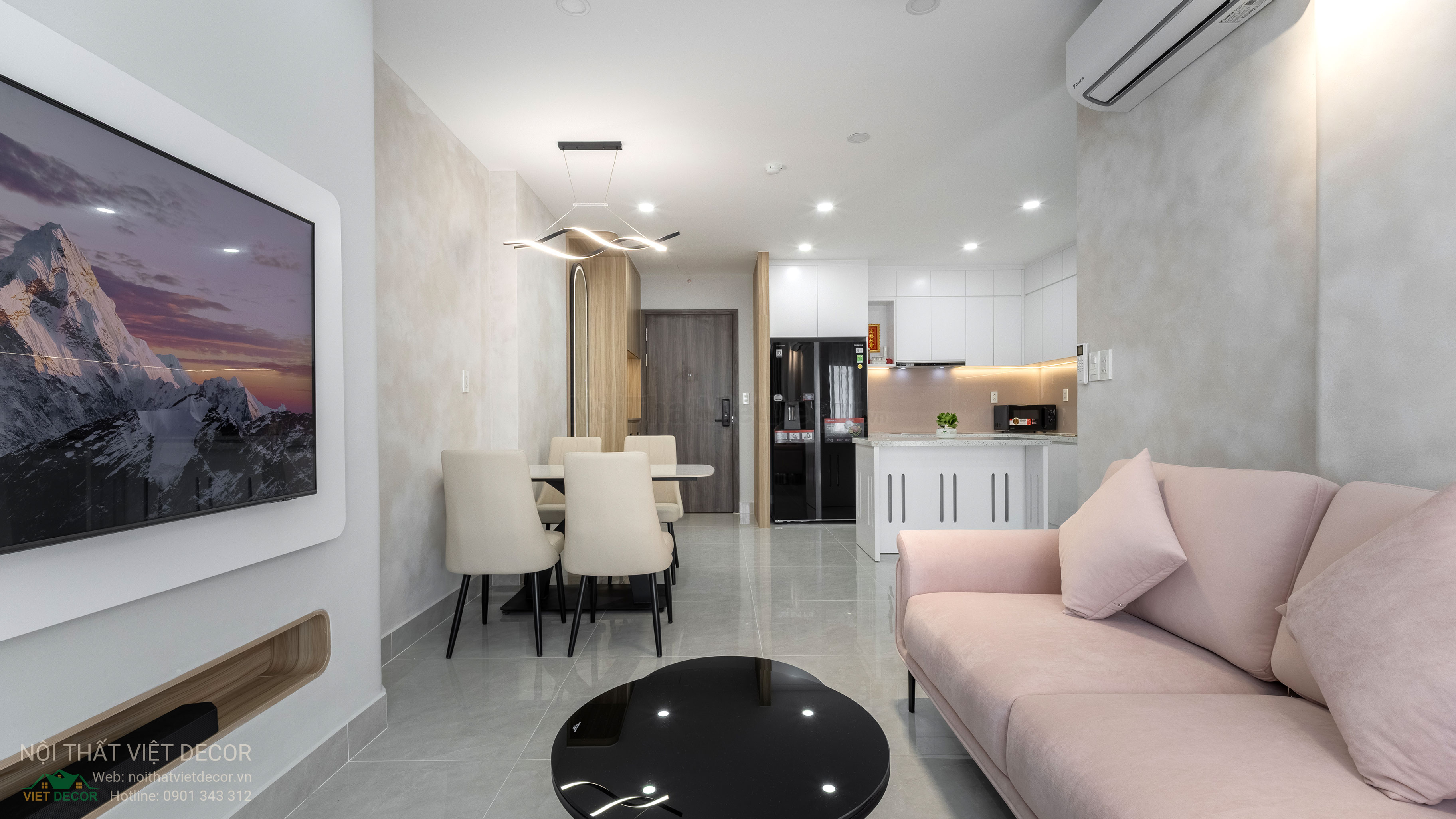 Nội Thất Việt Decor thiết kế thi công trang trí xây dựng hoàn thiện, nội thất căn hộ 2 phòng ngủ dự án chung cư Lavida Plus quận 7 tp HCM, phòng khách bếp