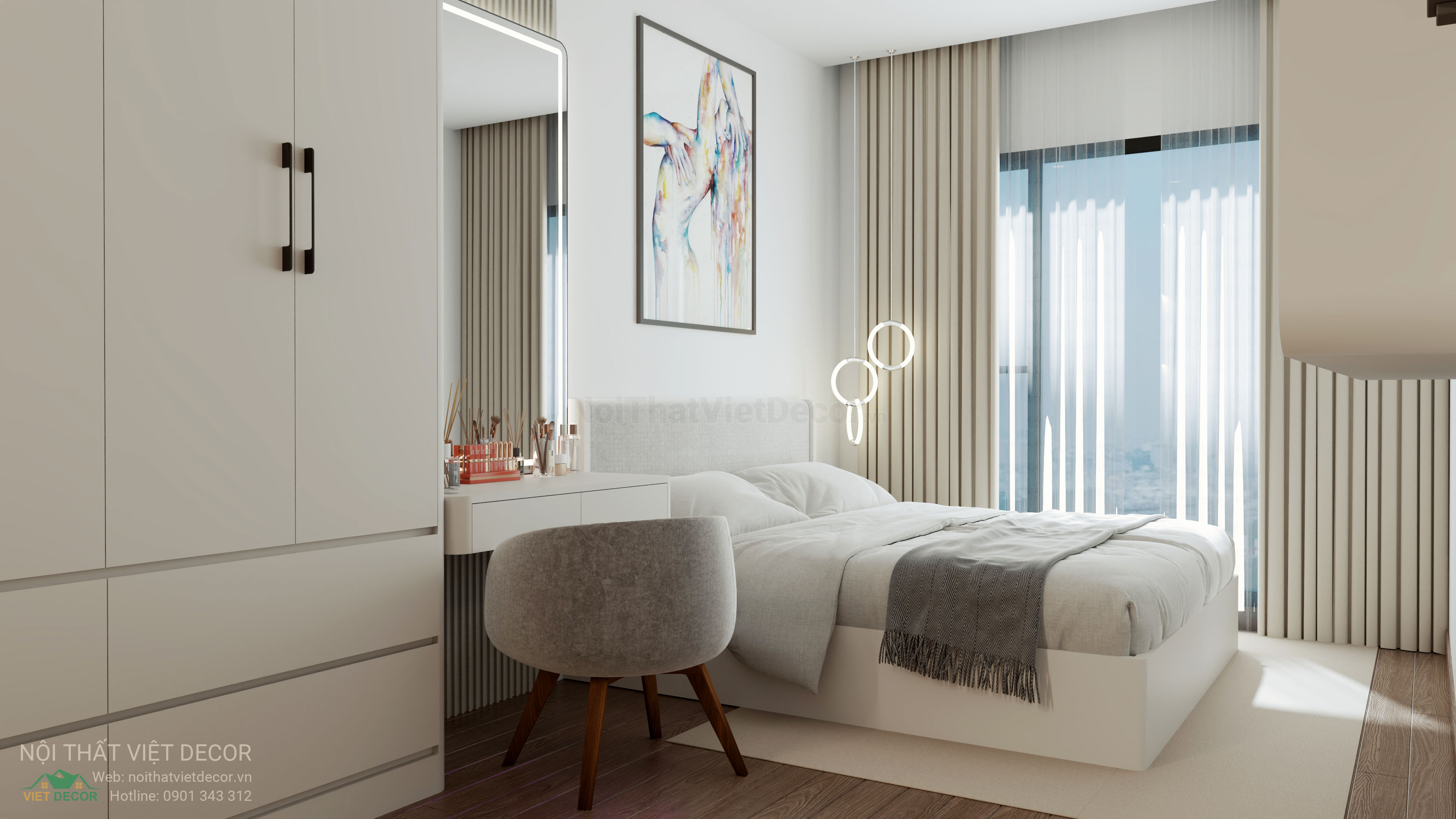 Nội Thất Việt Decor thiết kế thi công trang trí xây dựng hoàn thiện, nội thất căn hộ 2 phòng ngủ dự án chung cư Lavida Plus quận 7 tp HCM, phối cảnh 3D