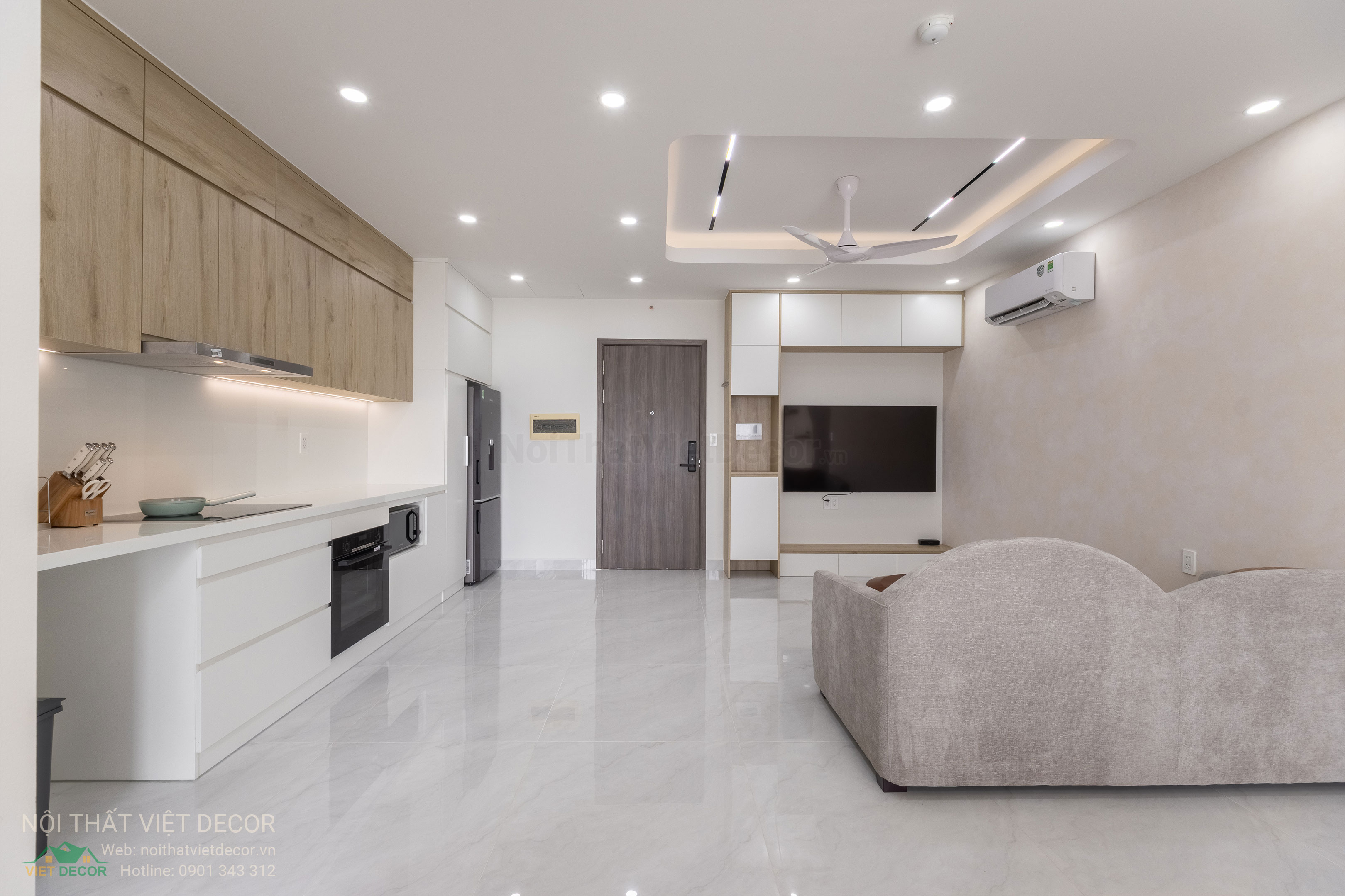 Nội Thất Việt Decor thiết kế thi công trang trí xây dựng hoàn thiện, nội thất căn hộ 3 phòng ngủ dự án chung cư Lavida Plus quận 7 phường Tân Hưng tp HCM phòng khách tủ bếp