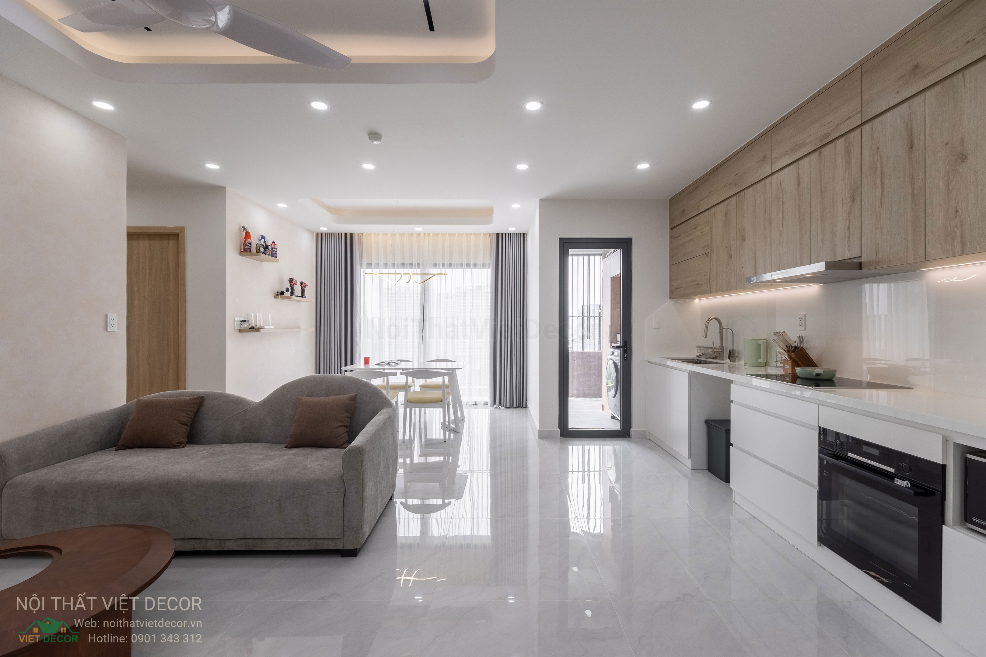 Nội Thất Việt Decor thiết kế thi công trang trí xây dựng hoàn thiện, nội thất căn hộ 3 phòng ngủ dự án chung cư Lavida Plus quận 7 phường Tân Hưng tp HCM phòng khách tủ bếp