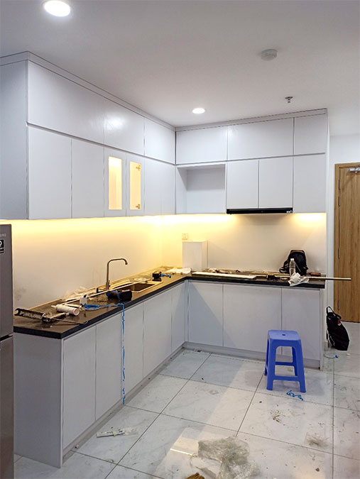 Noithatvietdecor Tủ bếp trên hiện đại chữ L, gỗ công nghiệp MDF chống ẩm phủ melamine An Cường