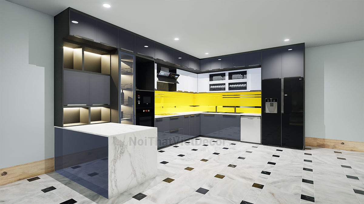 Noithatvietdecor Tủ bếp hiện đại chữ L có đảo, khung inox 304 sơn tĩnh điện, cánh kính viền nhôm