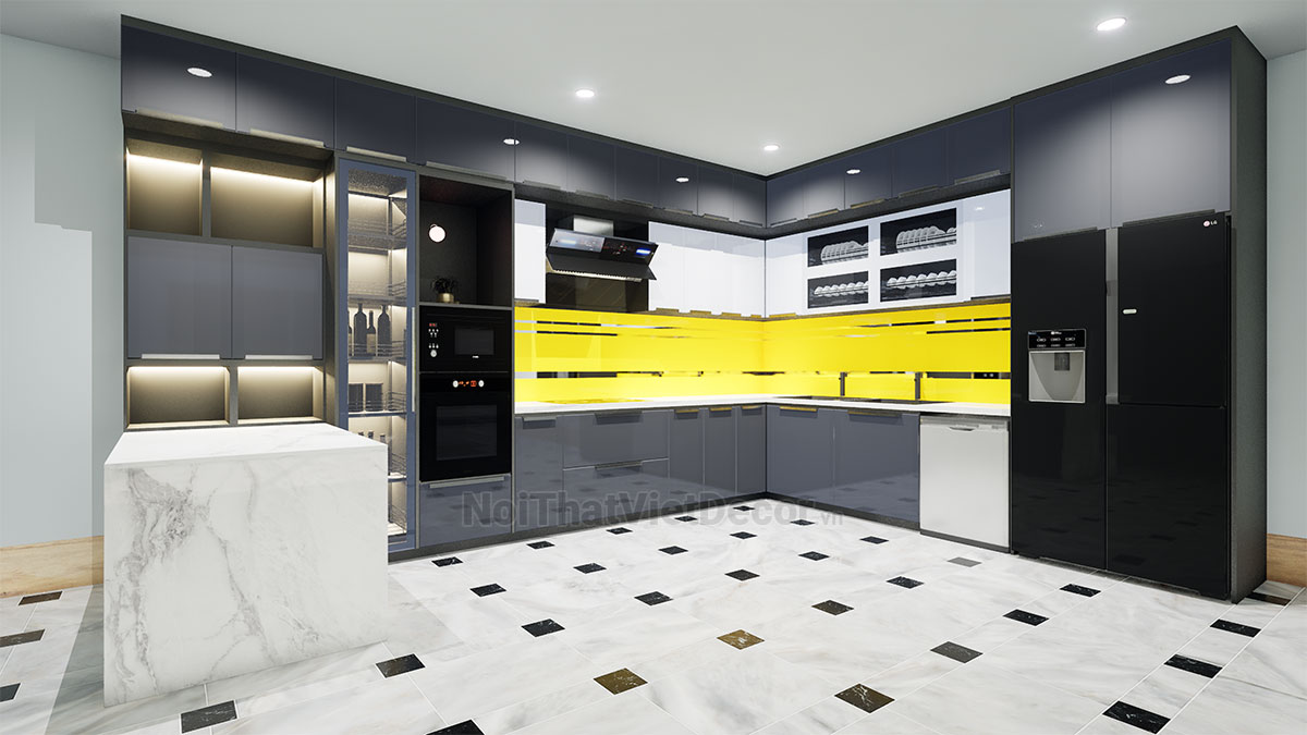 Noithatvietdecor Tủ bếp hiện đại chữ L có đảo, khung inox 304 sơn tĩnh điện, cánh kính viền nhôm