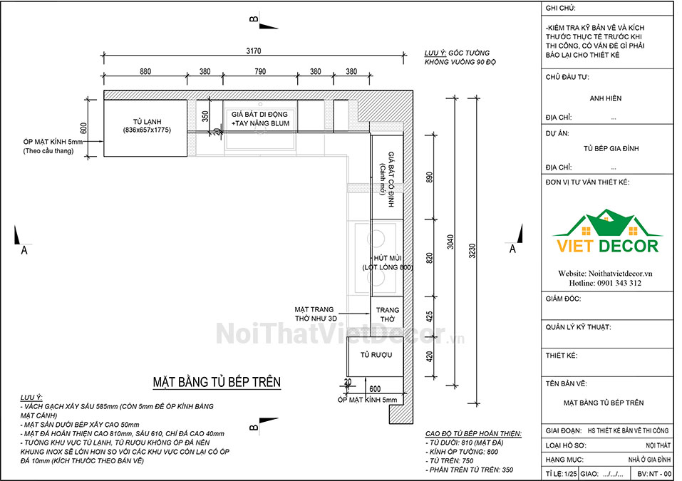 Tủ bếp hiện đại chữ L, khung inox 304 sơn tĩnh điện, cánh kính sơn màu viền nhôm, mặt đá marble vân mây, ốp tường kính cường lực - Bản vẽ thiết kế chi tiết thi công