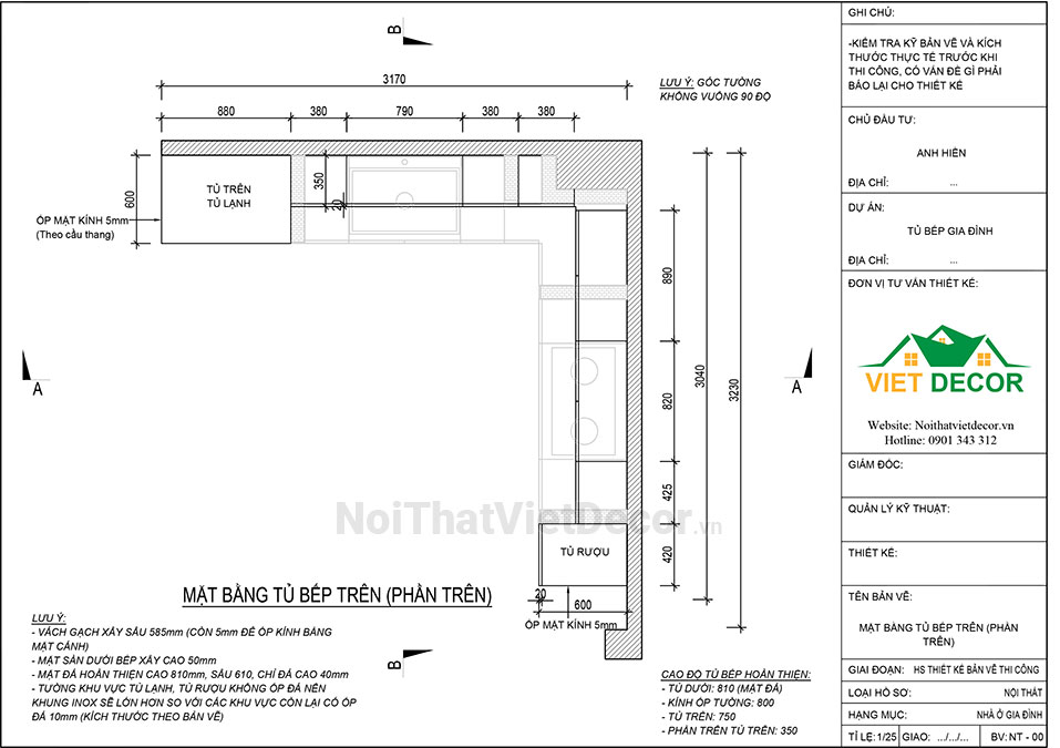 Tủ bếp hiện đại chữ L, khung inox 304 sơn tĩnh điện, cánh kính sơn màu viền nhôm, mặt đá marble vân mây, ốp tường kính cường lực - Bản vẽ thiết kế chi tiết thi công