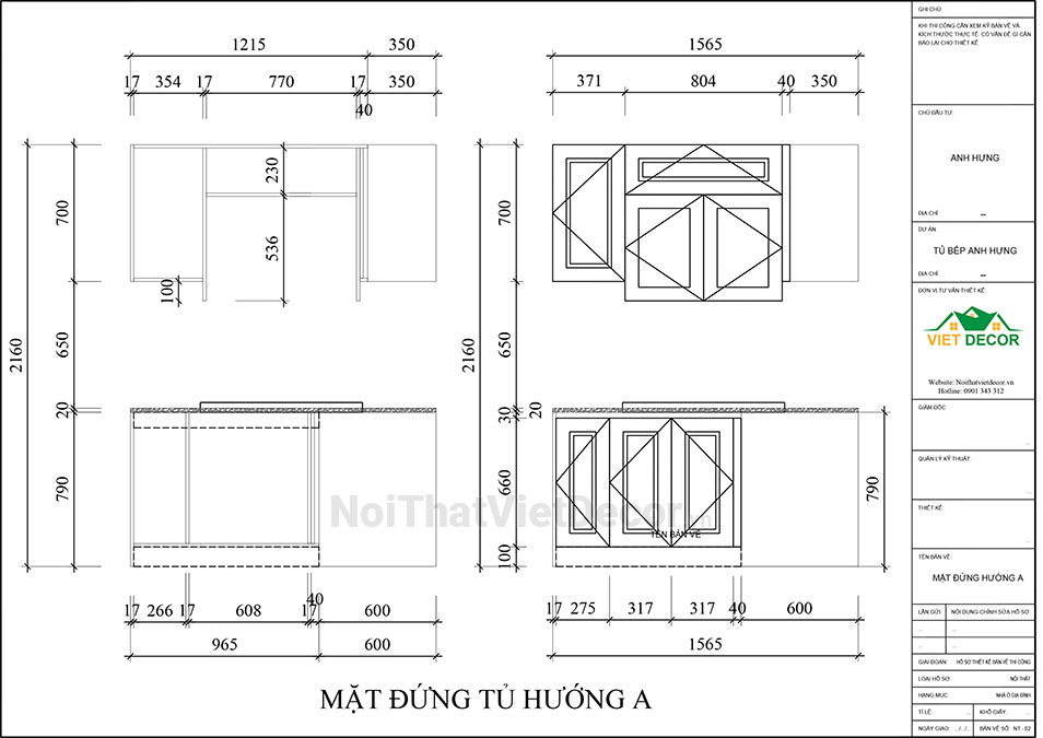Noithatvietdecor Tủ bếp chữ L, gỗ tự nhiên xoan đào
