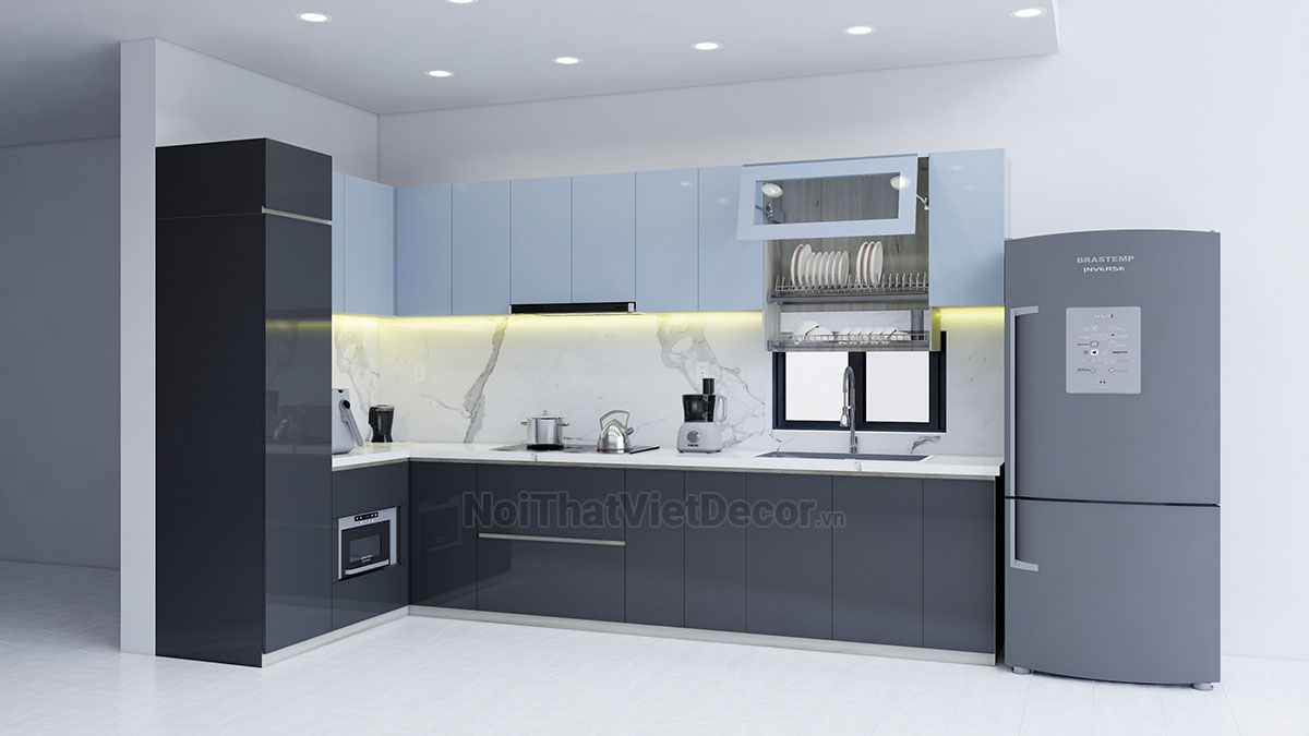 Tủ bếp hiện đại chữ L, gỗ công nghiệp An Cường, khung MDF chống ẩm phủ melamine, cánh MDF chống ẩm phủ acrylic, mặt bếp đá tự nhiên kim sa đen, ốp tường đá marble trắng vân mây - Phương án thiết kế phối cảnh 3D