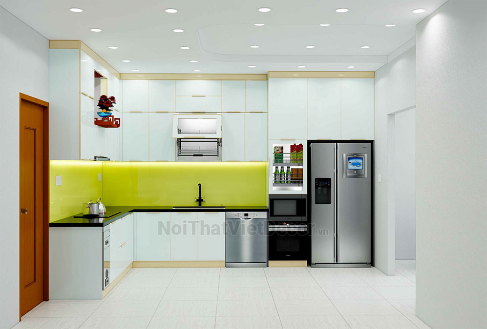 Tủ bếp hiện đại chữ L, khung inox 304 sơn tĩnh điện, cánh kính sơn màu viền nhôm, mặt bếp đá tự nhiên kim sa đen, ốp tường kính cường lực 8mm - Phương án thiết kế phối cảnh 3D
