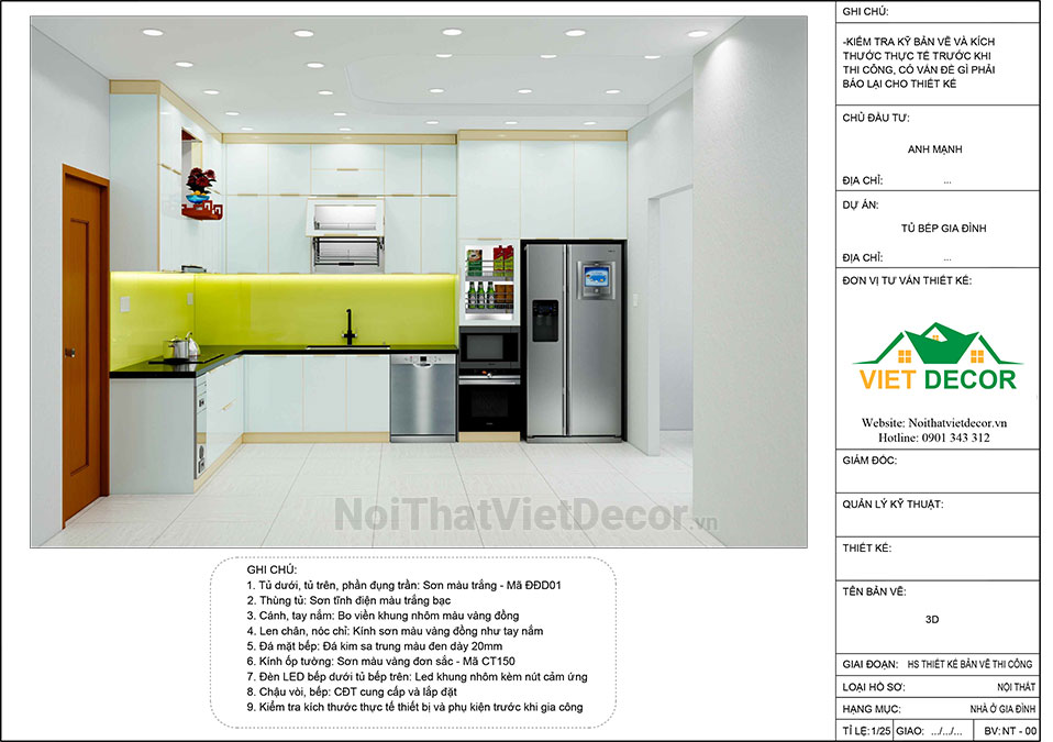 Tủ bếp hiện đại chữ L, khung inox 304 sơn tĩnh điện, cánh kính sơn màu viền nhôm, mặt bếp đá tự nhiên kim sa đen, ốp tường kính cường lực 8mm - Bản vẽ thiết kế chi tiết thi công 2D