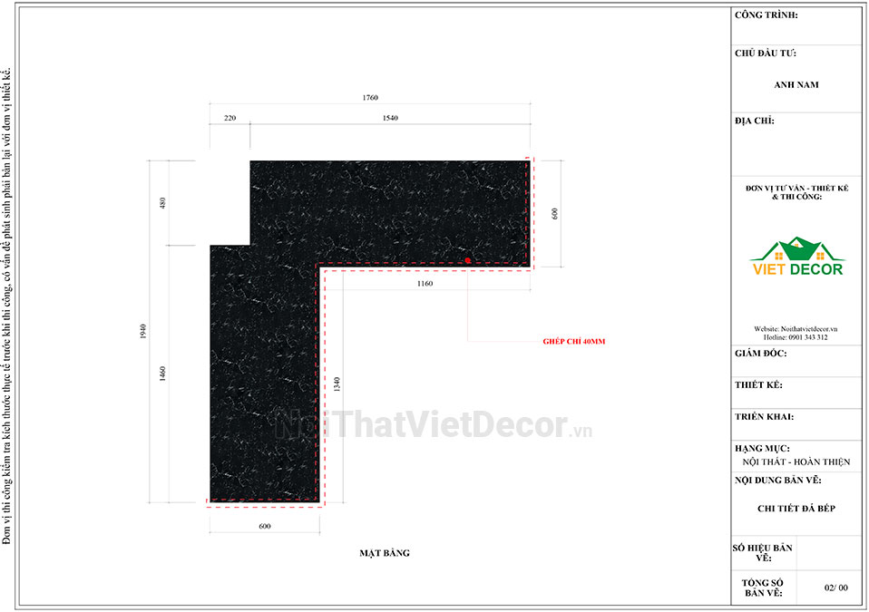Tủ bếp hiện đại chữ L có vách che, gỗ công nghiệp nhựa WPB An Cường phủ laminate, mặt đá tự nhiên kim sa đen, ốp tường kính cường lực 8mm sơn màu - Bản vẽ thiết kế chi tiết thi công
