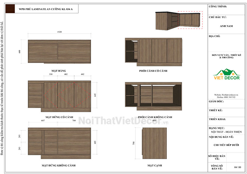 Tủ bếp hiện đại chữ L có vách che, gỗ công nghiệp nhựa WPB An Cường phủ laminate, mặt đá tự nhiên kim sa đen, ốp tường kính cường lực 8mm sơn màu - Bản vẽ thiết kế chi tiết thi công