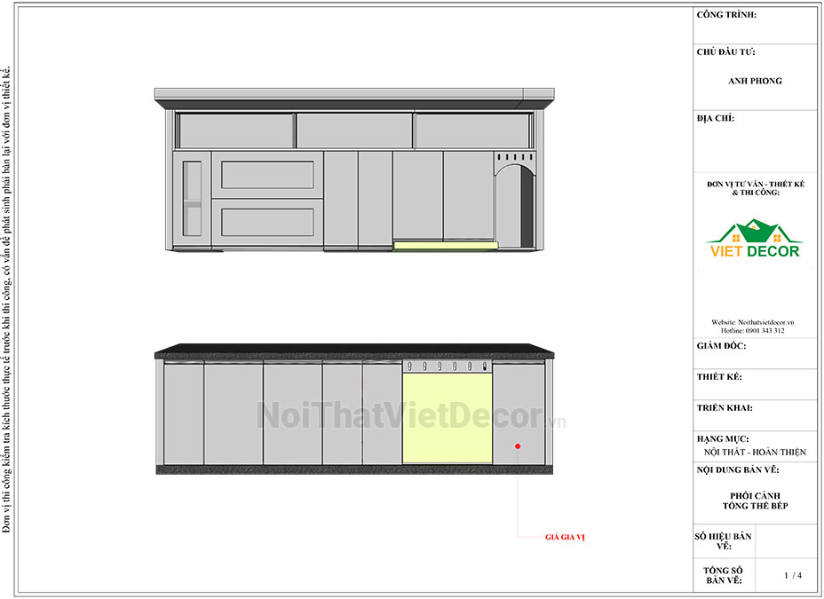 Tủ bếp hiện đại chữ I, gỗ công nghiệp MDF chống ẩm phủ melamine Thanh Thùy, mặt đá tự nhiên kim sa đen, ốp tường kính cường lực 8mm sơn màu - Bản vẽ thiết kế chi tiết thi công