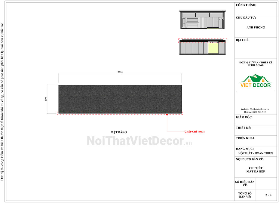Tủ bếp hiện đại chữ I, gỗ công nghiệp MDF chống ẩm phủ melamine Thanh Thùy, mặt đá tự nhiên kim sa đen, ốp tường kính cường lực 8mm sơn màu - Bản vẽ thiết kế chi tiết thi công