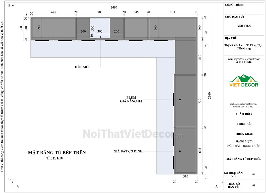 Tủ bếp hiện đại chữ L, khung inox 304 sơn tĩnh điện, cánh kính sơn màu viền nhôm, mặt bếp đá tự nhiên marble trắng vân mây, ốp tường kính cường lực 8mm - Bản vẽ thiết kế chi tiết thi công 2D