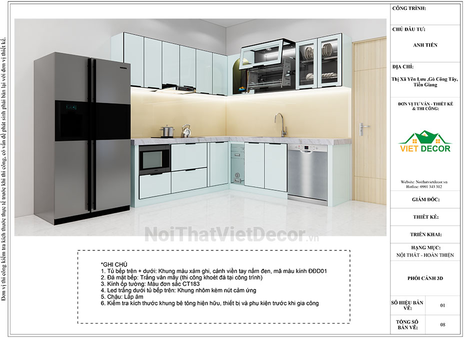 Tủ bếp hiện đại chữ L, khung inox 304 sơn tĩnh điện, cánh kính sơn màu viền nhôm, mặt bếp đá tự nhiên marble trắng vân mây, ốp tường kính cường lực 8mm - Bản vẽ thiết kế chi tiết thi công 2D