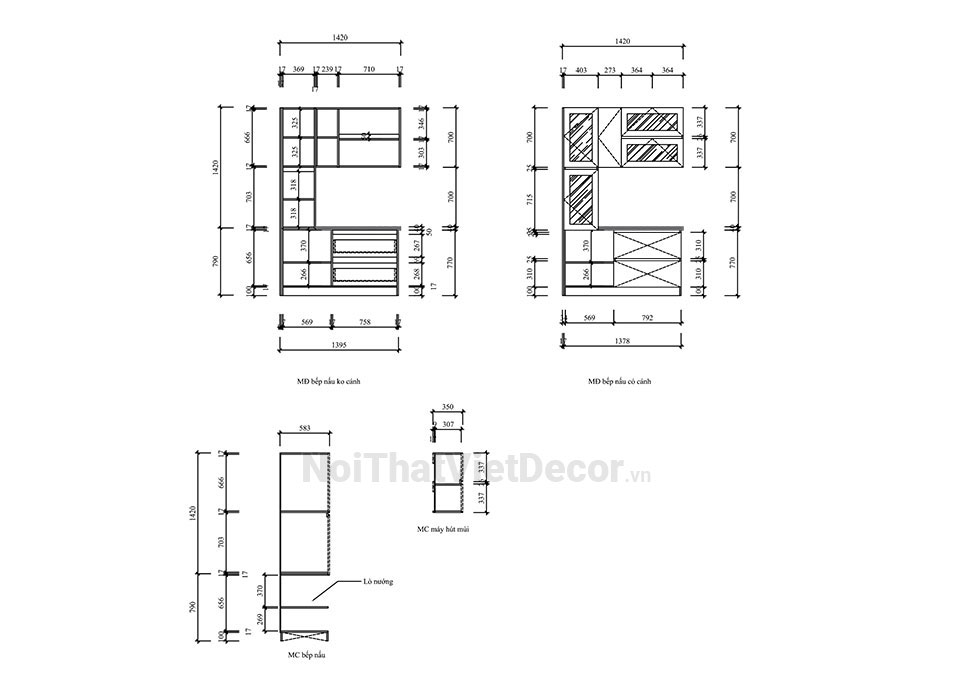 Tủ bếp hiện đại chữ I có đảo, gỗ công nghiệp MDF chống ẩm phủ melamine Thanh Thùy, mặt đá tự nhiên kim sa đen, ốp tường kính cường lực 8mm sơn màu - Bản vẽ chi tiết thi công