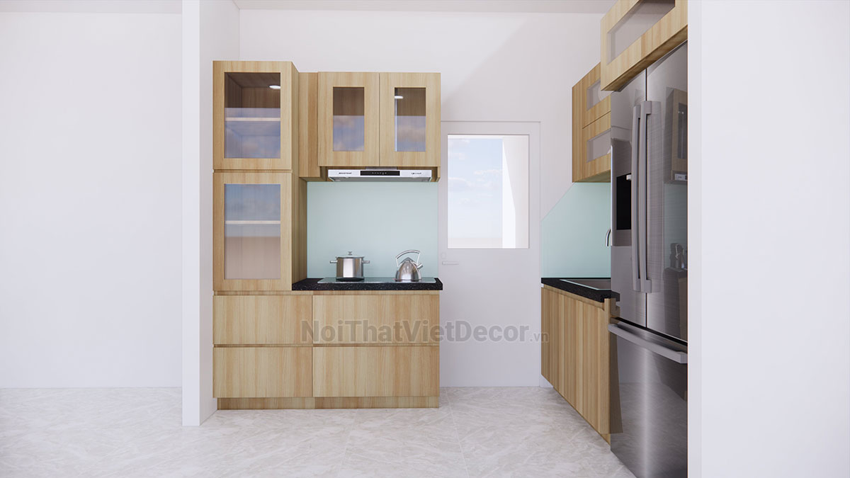 Tủ bếp hiện đại chữ I có đảo, gỗ công nghiệp MDF chống ẩm phủ melamine Thanh Thùy, mặt đá tự nhiên kim sa đen, ốp tường kính cường lực 8mm sơn màu - Hình thiết kế
