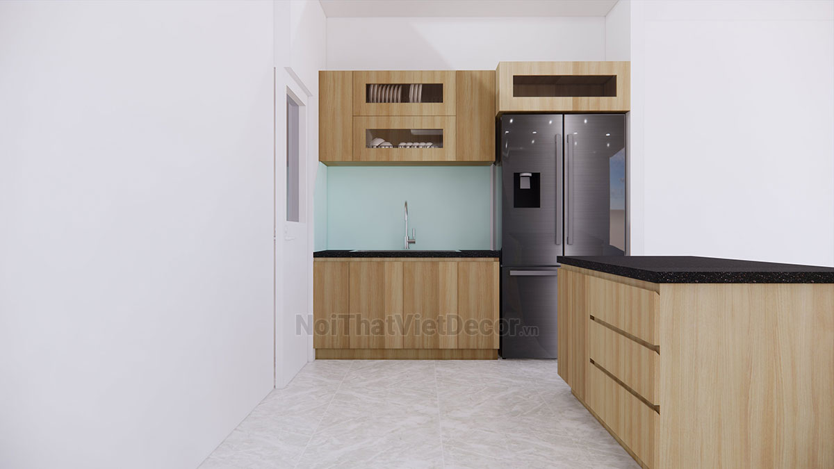 Tủ bếp hiện đại chữ I có đảo, gỗ công nghiệp MDF chống ẩm phủ melamine Thanh Thùy, mặt đá tự nhiên kim sa đen, ốp tường kính cường lực 8mm sơn màu - Hình thiết kế