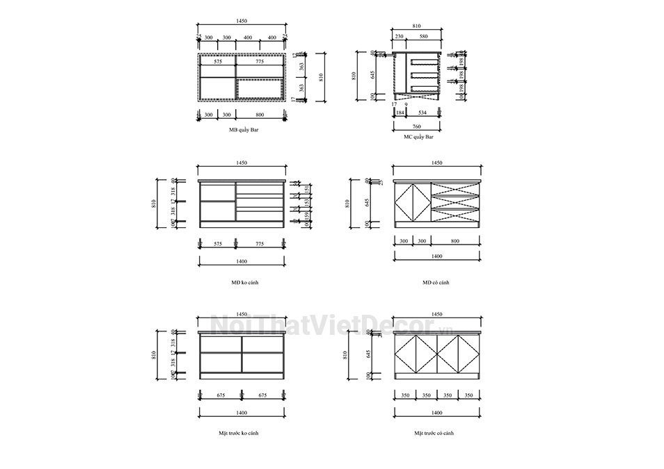 Tủ bếp hiện đại chữ I có đảo, gỗ công nghiệp MDF chống ẩm phủ melamine Thanh Thùy, mặt đá tự nhiên kim sa đen, ốp tường kính cường lực 8mm sơn màu - Bản vẽ chi tiết thi công