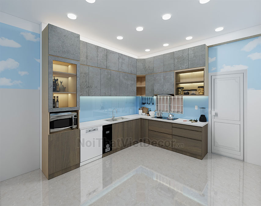 Tủ bếp hiện đại chữ L, tủ dưới nhựa phủ PVC, tủ trên mdf chống ẩm phủ melamine Thanh Thùy, mặt đá nhân tạo cao cấp Vicostone BQ1080, ốp tường kính cường lực 8mm sơn màu - Thiết kế phối cảnh 3D