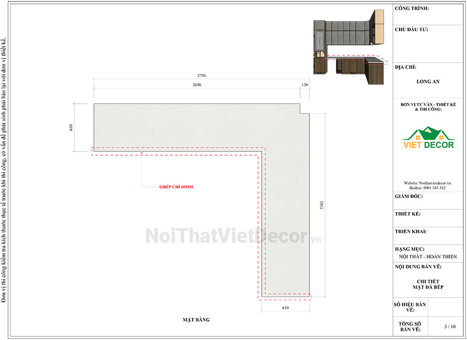 Tủ bếp hiện đại chữ L, tủ dưới nhựa phủ PVC, tủ trên mdf chống ẩm phủ melamine Thanh Thùy, mặt đá nhân tạo cao cấp Vicostone BQ1080, ốp tường kính cường lực 8mm sơn màu - Bản vẽ thiết kế chi tiết thi công