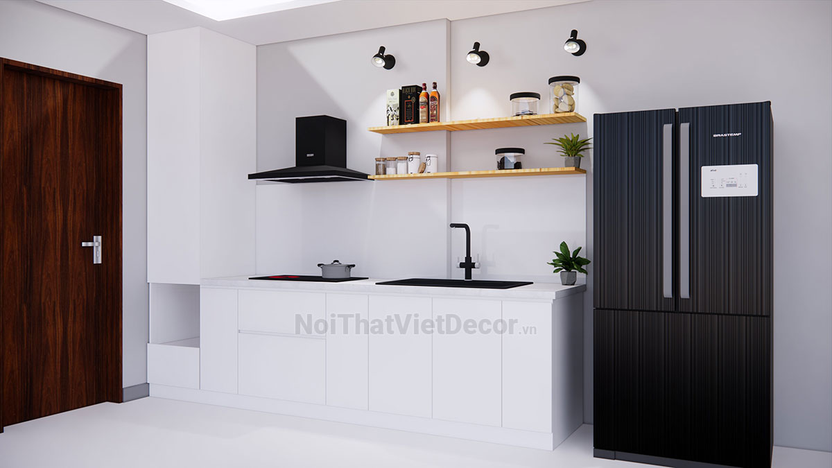 Tủ bếp hiện đại chữ I, gỗ công nghiệp An Cường MDF lõi xanh chống ẩm phủ melamine, mặt đá nhân tạo cao cấp solid surface S028 - Thiết kế phối cảnh 3D