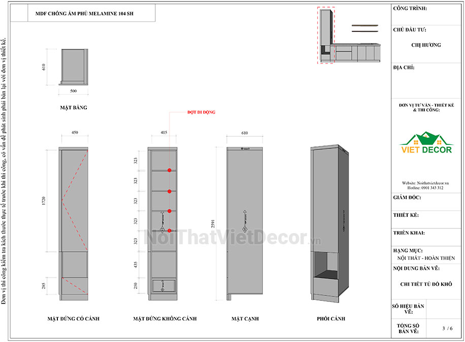 Tủ bếp hiện đại chữ I, gỗ công nghiệp An Cường MDF lõi xanh chống ẩm phủ melamine, mặt đá nhân tạo cao cấp solid surface S028 - Bản vẽ thiết kế chi tiết thi công