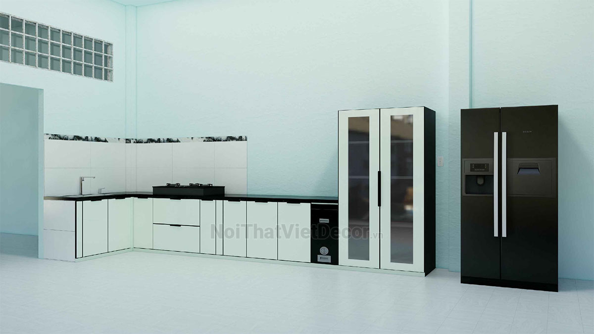 Tủ bếp hiện đại chữ L, khung inox 304 sơn tĩnh điện, cánh kính sơn màu viền nhôm, cải tạo tủ bếp xây gạch, bê tông - Phương án thiết kế phối cảnh 3D