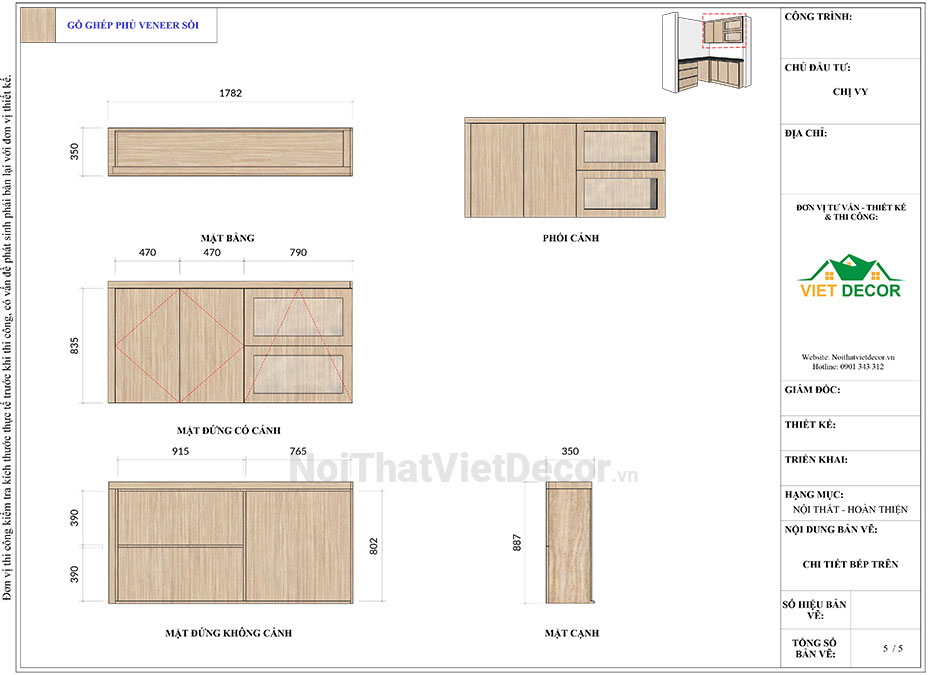 Noithatvietdecor Tủ bếp hiện đại chữ L, gỗ công nghiệp gỗ ghép phủ veneer vân sồi