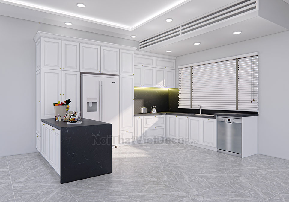 Noithatvietdecor Tủ bếp tân cổ điển chữ L có đảo, gỗ công nghiệp MDF chống ẩm phủ melamine An Cường, cánh pano sơn 2k, mặt đá vicostone BQ8390