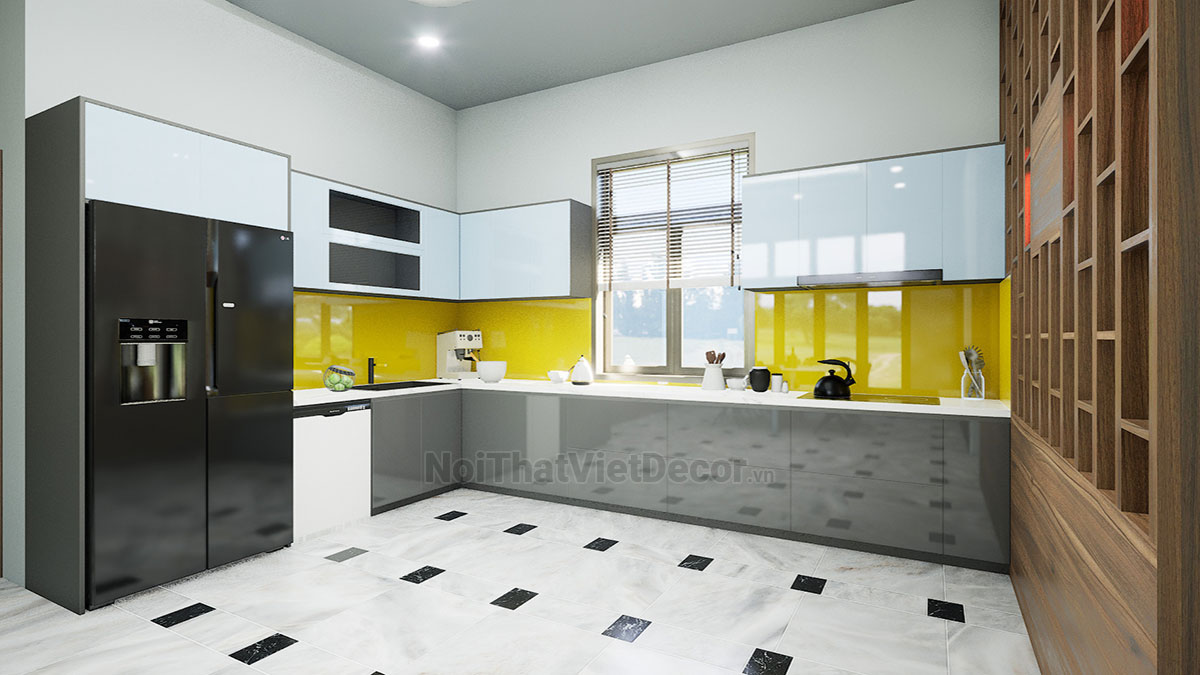 Noithatvietdecor Tủ bếp hiện đại chữ L, khung inox 304 sơn tĩnh điện, cánh kính viền nhôm, mặt đá kim sa đen, ốp tường kính cường lực 8li sơn màu