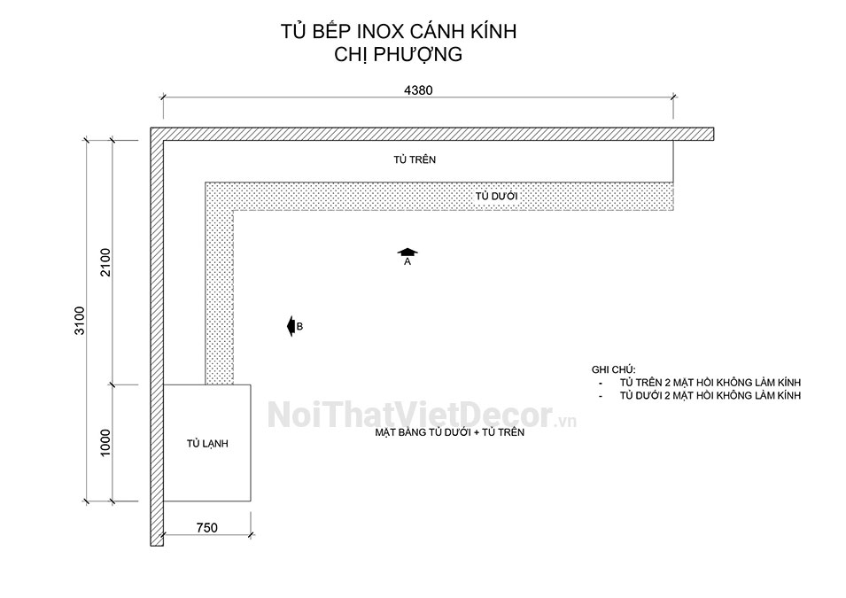 Noithatvietdecor Tủ bếp hiện đại chữ L, khung inox 304 sơn tĩnh điện, cánh kính viền nhôm, mặt đá kim sa đen, ốp tường kính cường lực 8li sơn màu