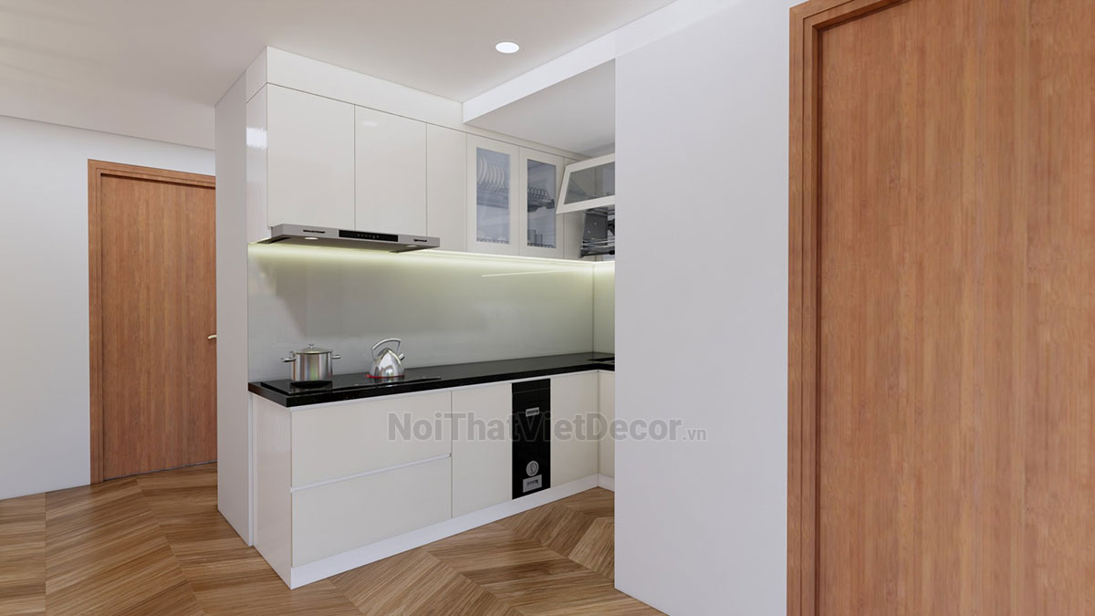 Tủ bếp hiện đại chữ L, khung nhựa Picomat, cánh MDF chống ẩm phủ melamine hoặc acrylic An Cường, mặt đá tự nhiên kim sa đen, ốp tường kính cường lực 8mm sơn màu - Phương án thiết kế phối cảnh 3D
