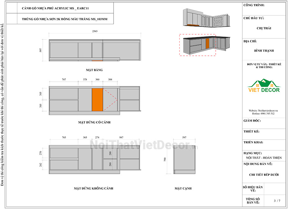 Tủ bếp hiện đại chữ L, khung nhựa Picomat, cánh MDF chống ẩm phủ melamine hoặc acrylic An Cường, mặt đá tự nhiên kim sa đen, ốp tường kính cường lực 8mm sơn màu - Bản vẽ thiết kế chi tiết thi công 2D