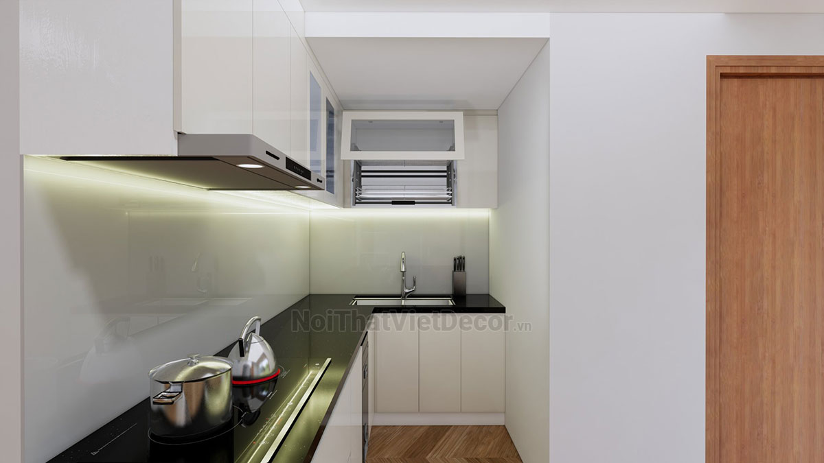 Tủ bếp hiện đại chữ L, khung nhựa Picomat, cánh MDF chống ẩm phủ melamine hoặc acrylic An Cường, mặt đá tự nhiên kim sa đen, ốp tường kính cường lực 8mm sơn màu - Phương án thiết kế phối cảnh 3D