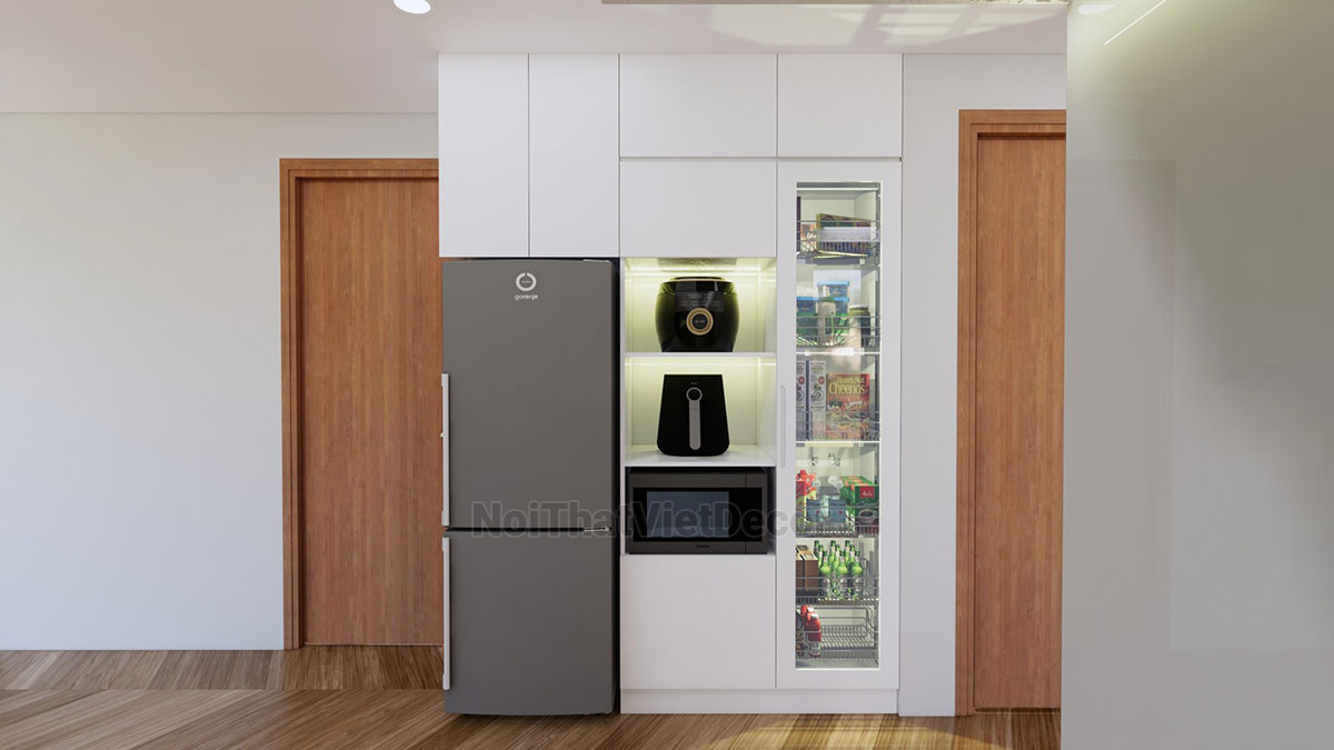 Tủ bếp hiện đại chữ L, khung nhựa Picomat, cánh MDF chống ẩm phủ melamine hoặc acrylic An Cường, mặt đá tự nhiên kim sa đen, ốp tường kính cường lực 8mm sơn màu - Phương án thiết kế phối cảnh 3D